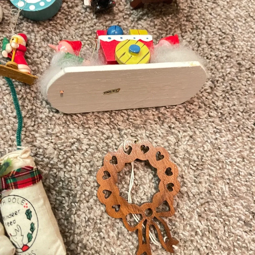 Vtg kitschy 70s plush Wooden felt ceramic Christmas‎ Tree Ornament lot 32 taiwan